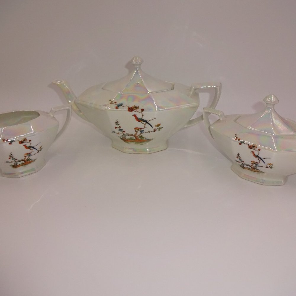 5 Pc Vintage White Pearl Victoria China Teapot Creamer Sugar Lids Czechoslovakia